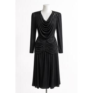 Vintage Black Draped Cocktail Dress 13/14 Sequin Ruched USA Whimsigoth Old money